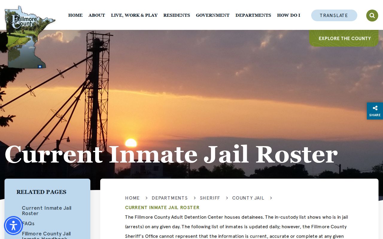 Fillmore County current-custody roster and booking record policy