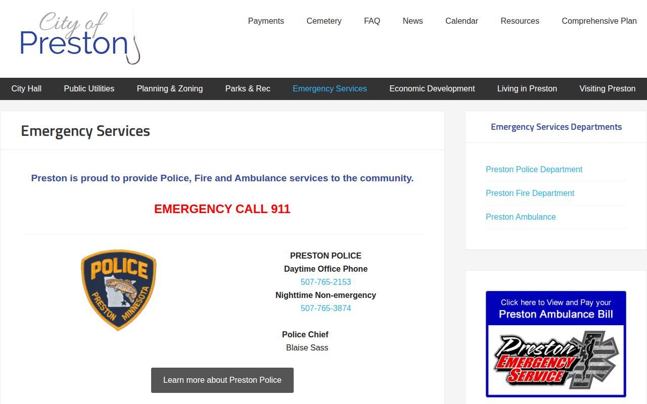 Preston Police Fillmore County arrest-record contact page